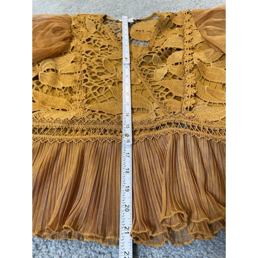 Haute Monde Floral Embroidery Peplum Blouse S Gold Lace Sheer Puff Sleeve Party - Picture 9 of 15